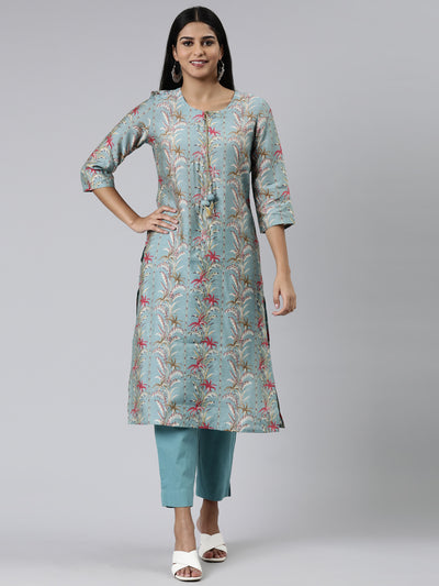 Neerus Green Regular Calf Length Printed Kurta Solid Trousers