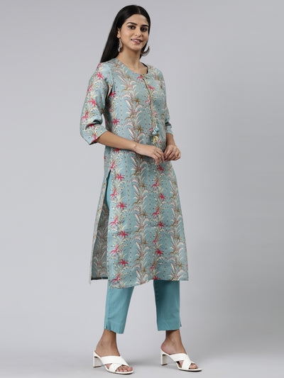 Neerus Green Regular Calf Length Printed Kurta Solid Trousers