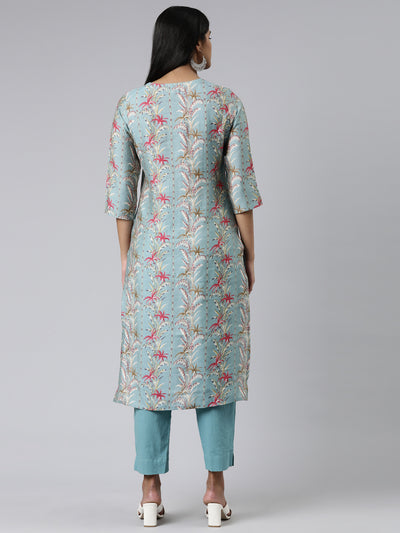 Neerus Green Regular Calf Length Printed Kurta Solid Trousers