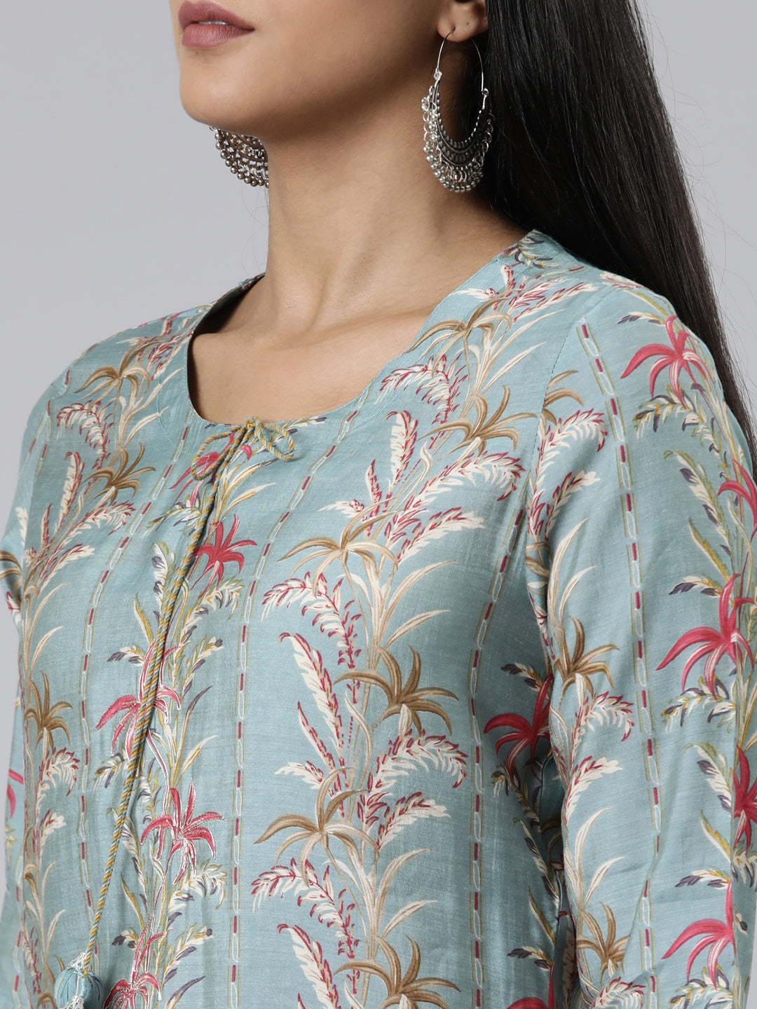 Neerus Green Regular Calf Length Printed Kurta Solid Trousers