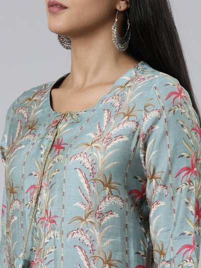 Neerus Green Regular Calf Length Printed Kurta Solid Trousers