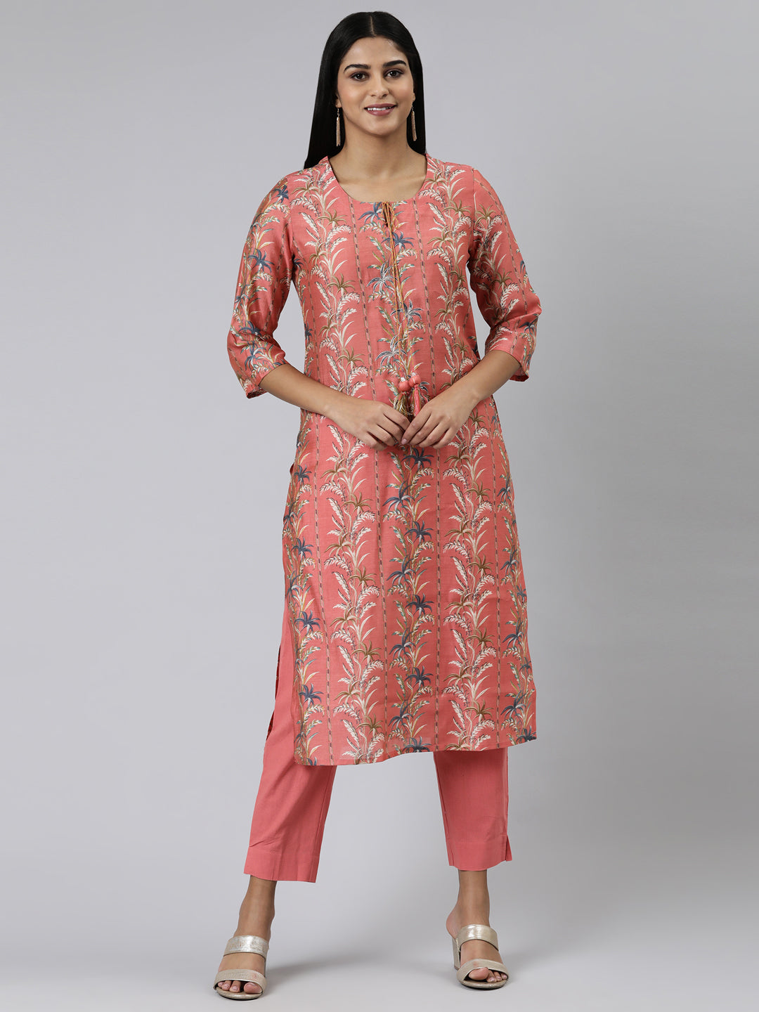 Neerus Coral Regular Calf Length Printed Kurta Solid Trousers