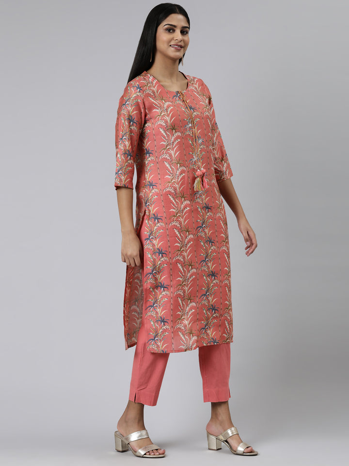 Neerus Coral Regular Calf Length Printed Kurta Solid Trousers