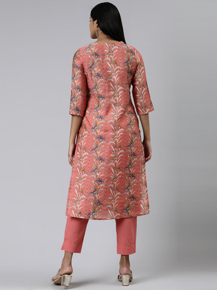 Neerus Coral Regular Calf Length Printed Kurta Solid Trousers
