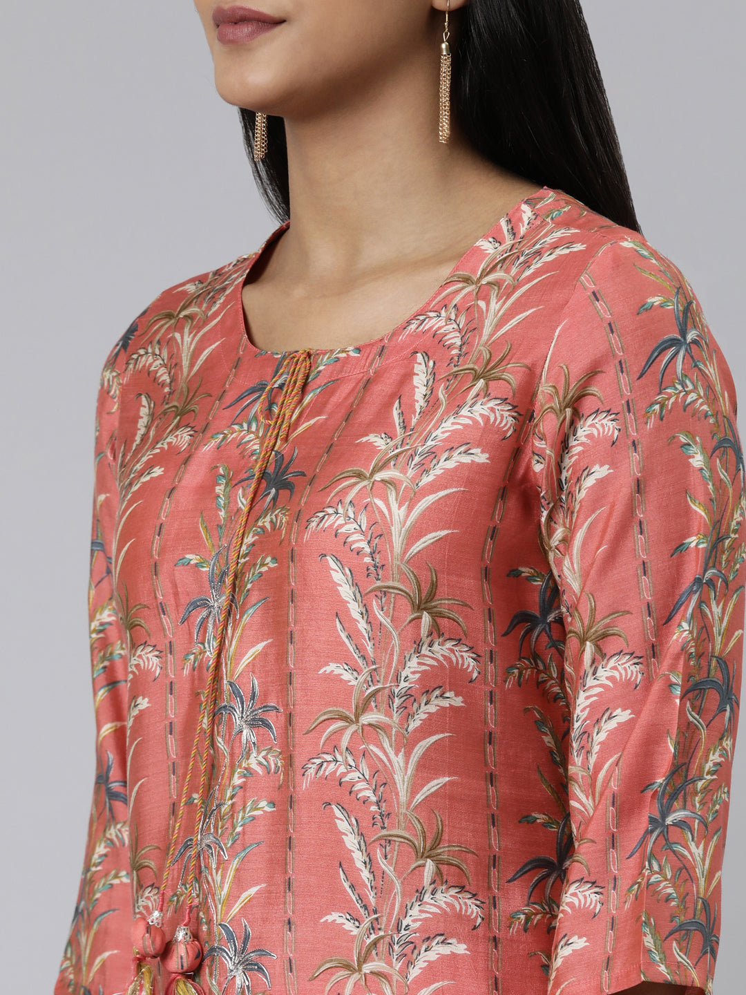 Neerus Coral Regular Calf Length Printed Kurta Solid Trousers