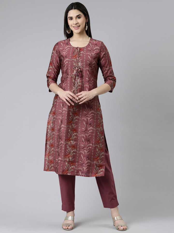 Neerus Grey Regular Calf Length Printed Kurta Solid Trousers