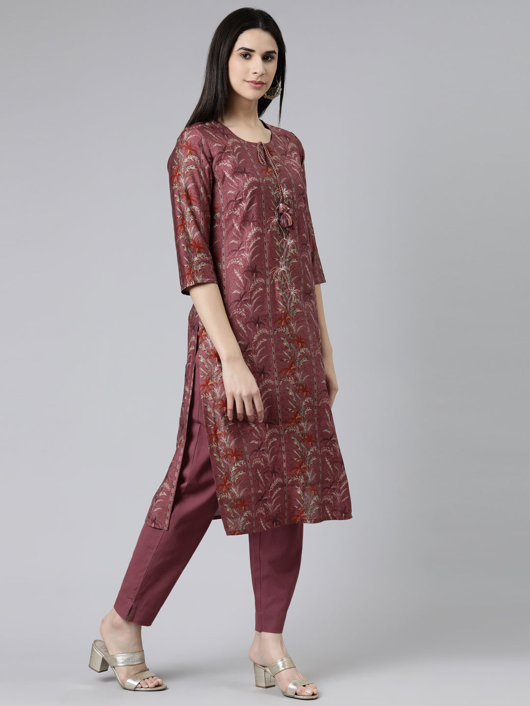 Neerus Grey Regular Calf Length Printed Kurta Solid Trousers