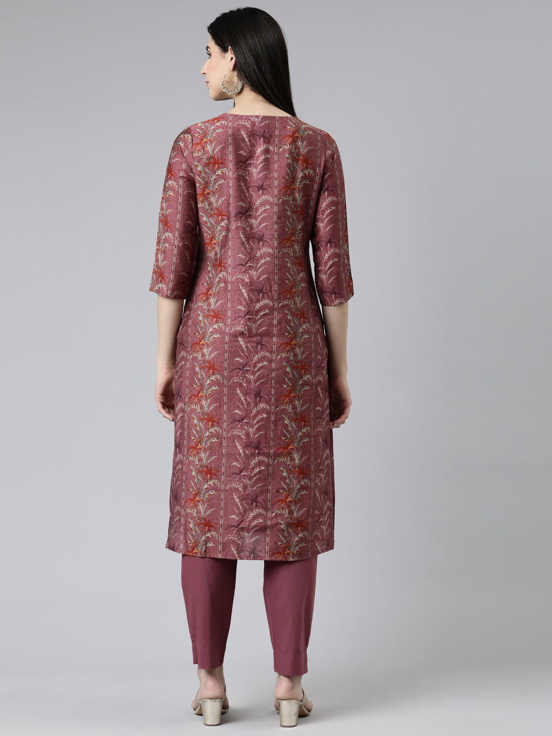 Neerus Grey Regular Calf Length Printed Kurta Solid Trousers