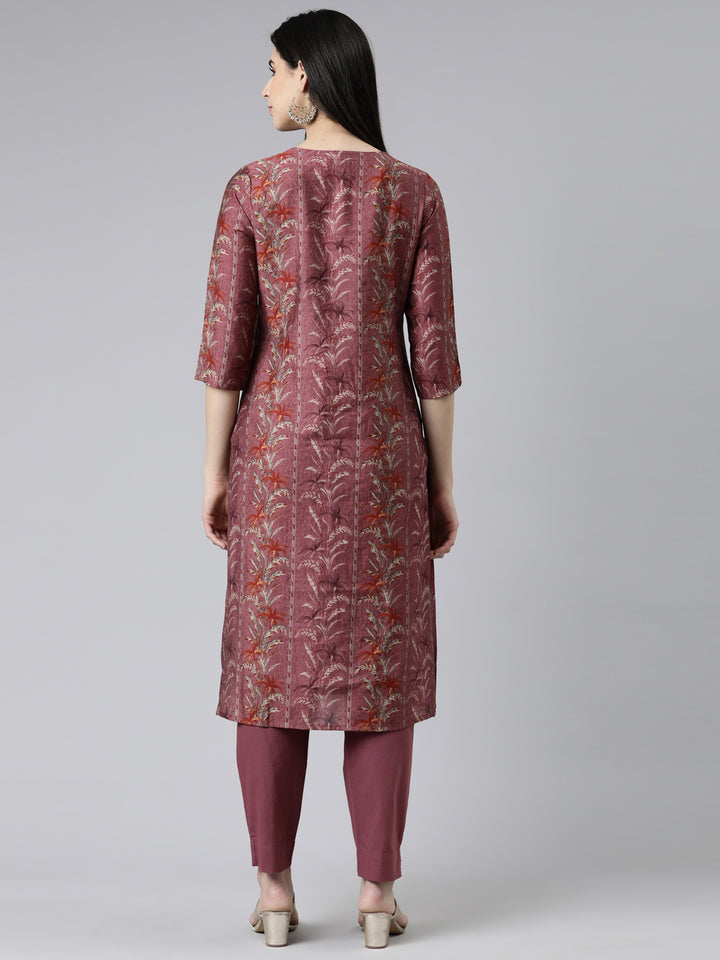 Neerus Grey Regular Calf Length Printed Kurta Solid Trousers