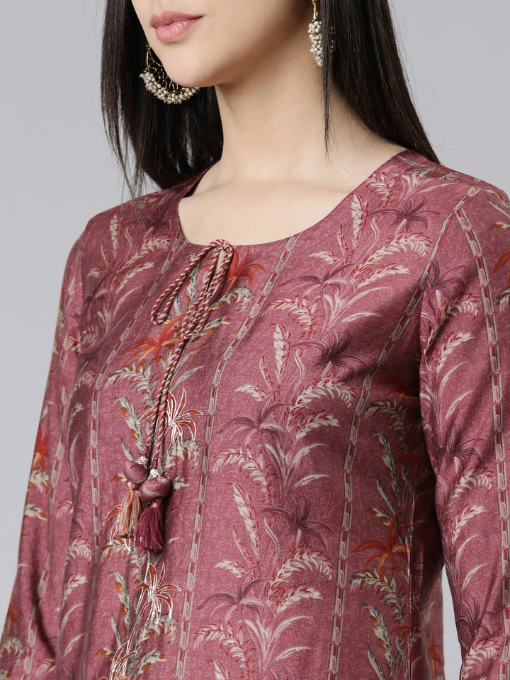 Neerus Grey Regular Calf Length Printed Kurta Solid Trousers