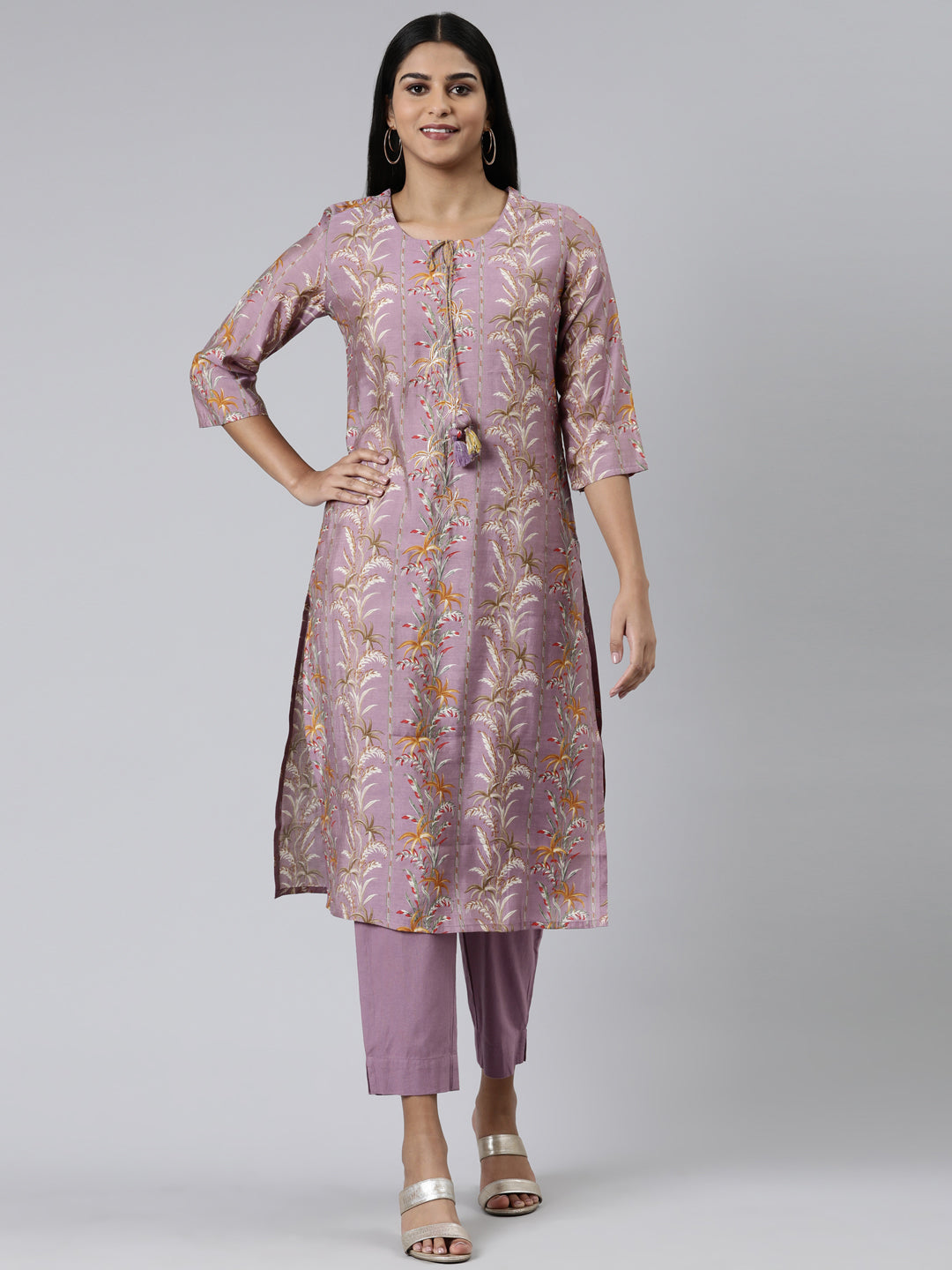 Neerus Pink printed straight kurta set with trousers - front view