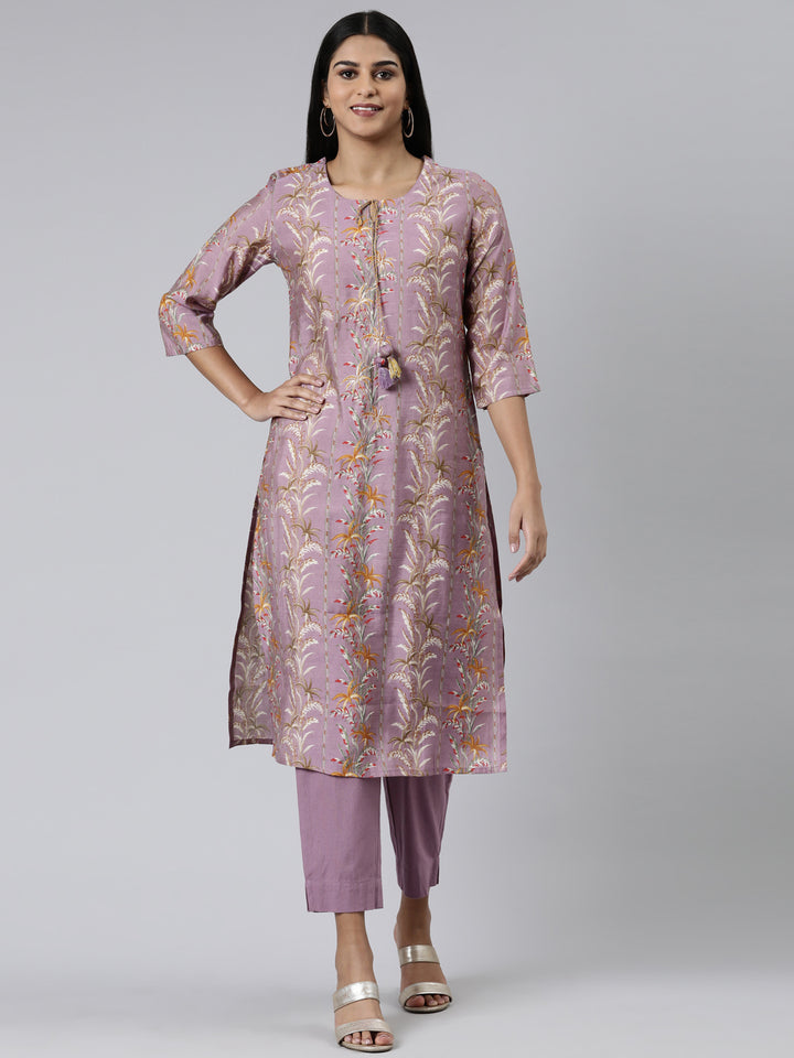 Neerus Pink printed straight kurta set with trousers - front view