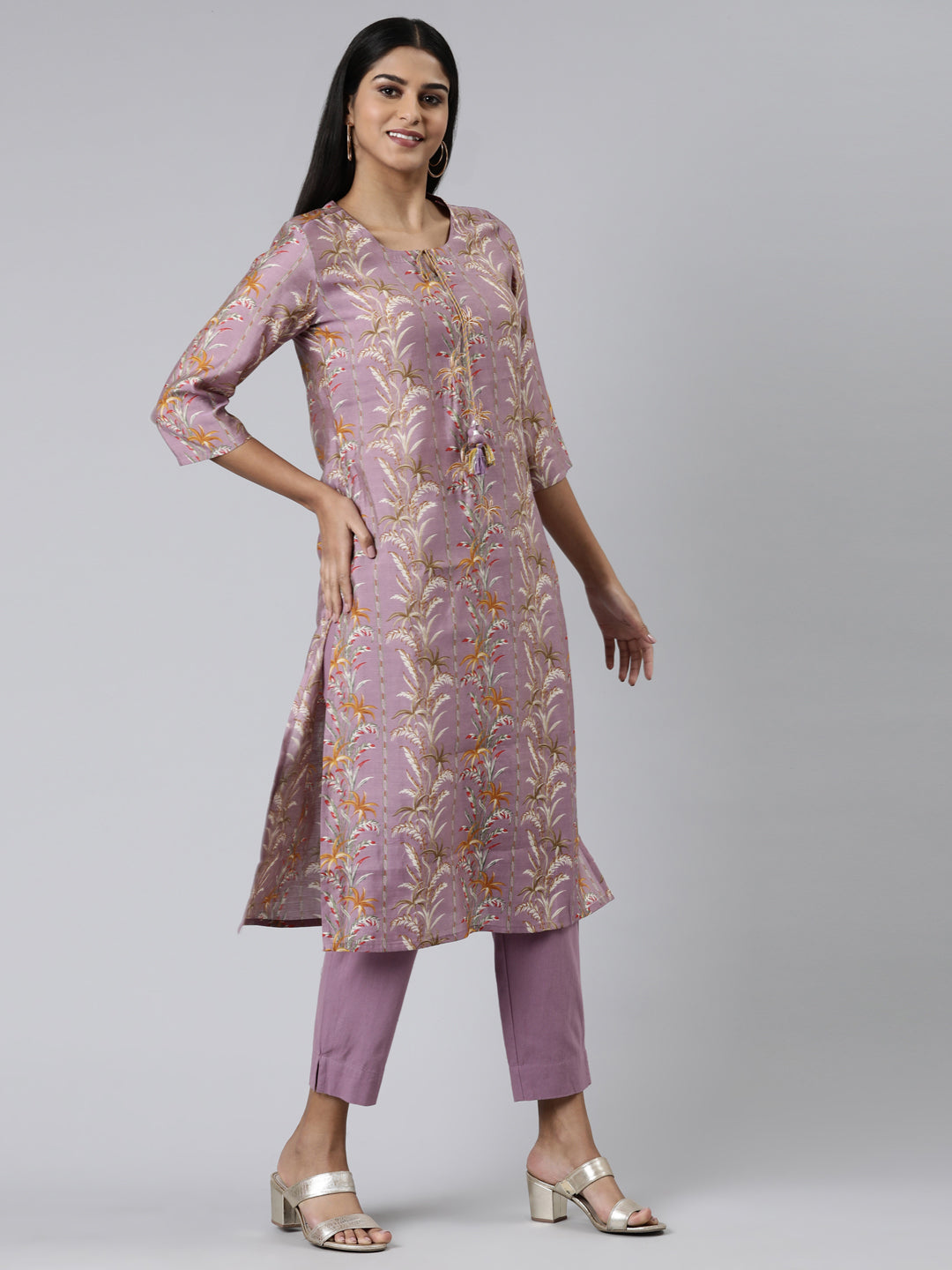 Neerus Pink printed straight kurta set with trousers - back view
