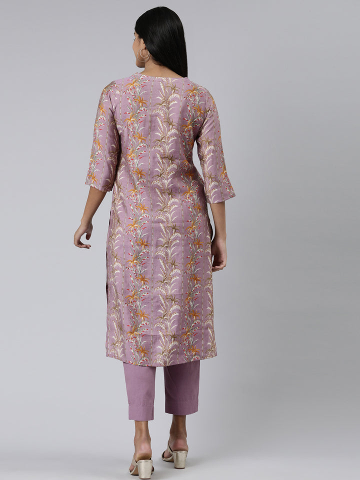 Neerus Pink printed straight kurta set with trousers - side view