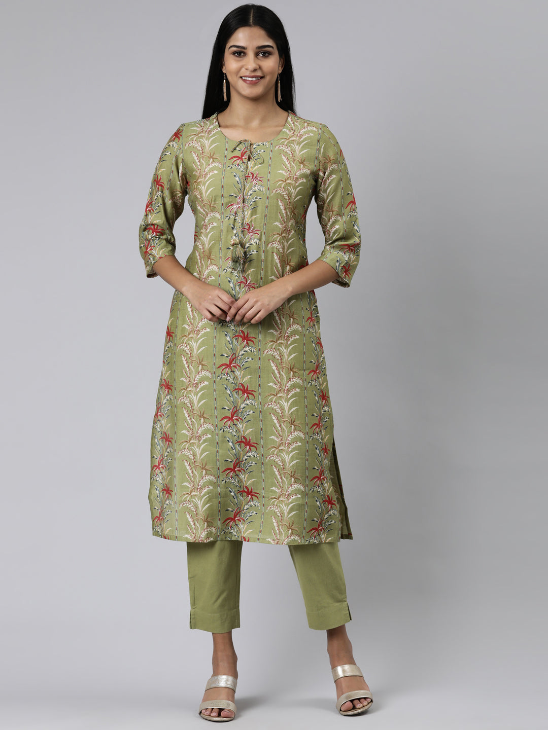 Neerus Green Regular Calf Length Printed Kurta Solid Trousers