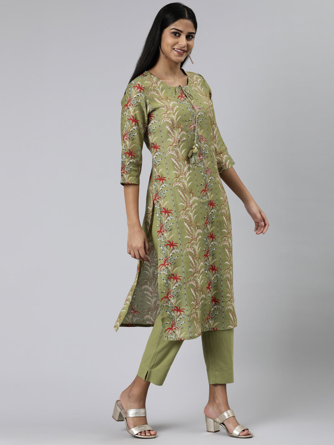 Neerus Green Regular Calf Length Printed Kurta Solid Trousers
