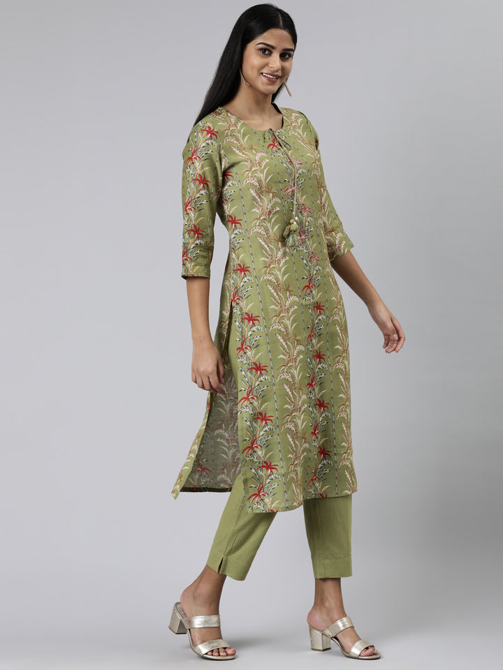 Neerus Green Regular Calf Length Printed Kurta Solid Trousers