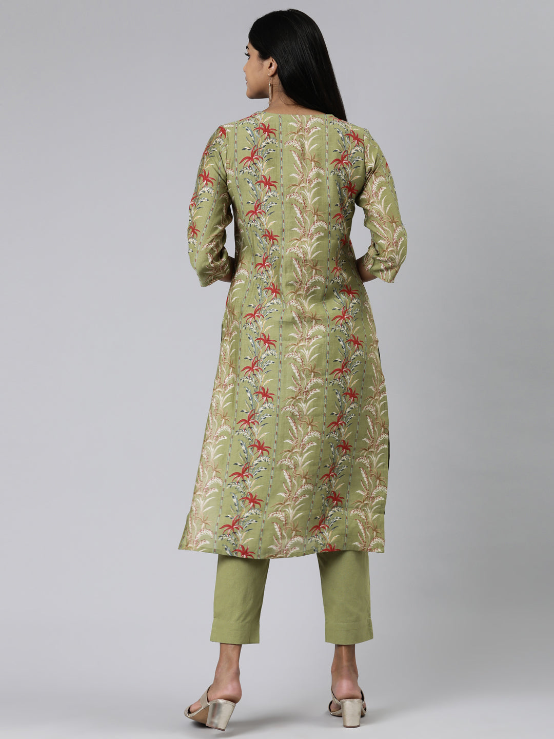 Neerus Green Regular Calf Length Printed Kurta Solid Trousers