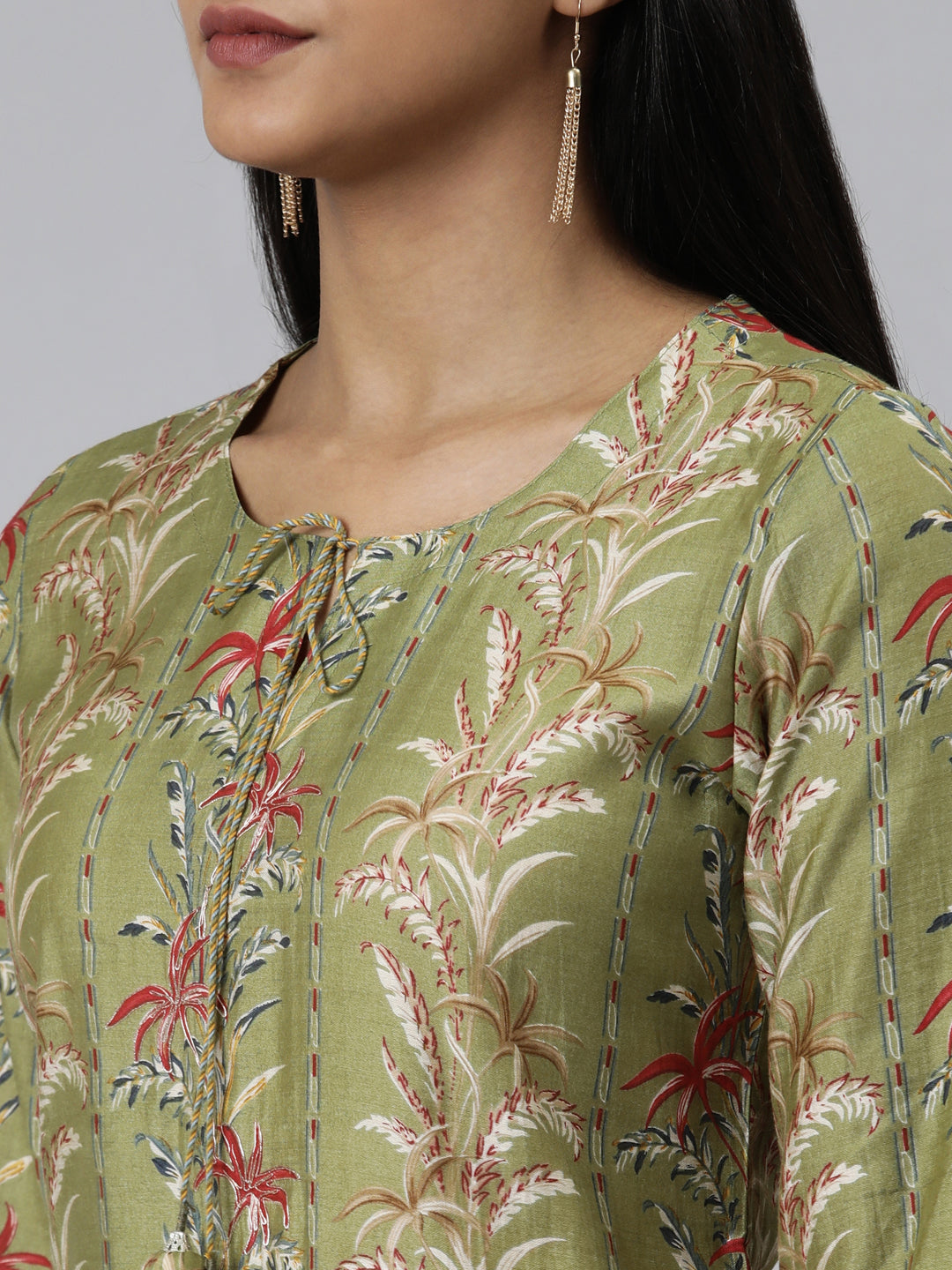 Neerus Green Regular Calf Length Printed Kurta Solid Trousers