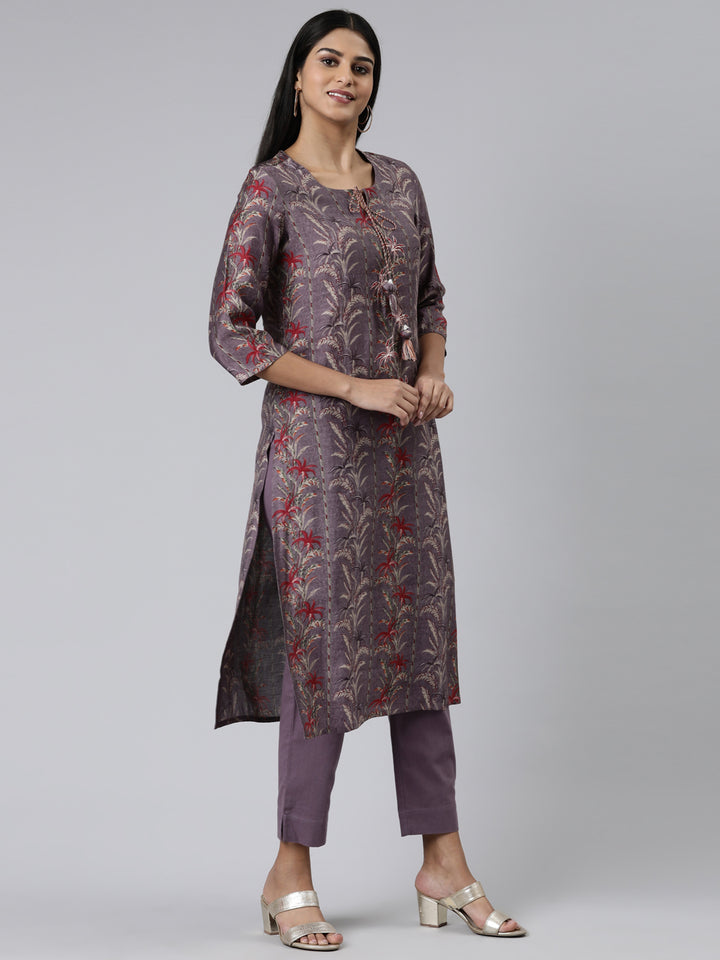 Neerus Purple printed straight kurta set with trousers - back view