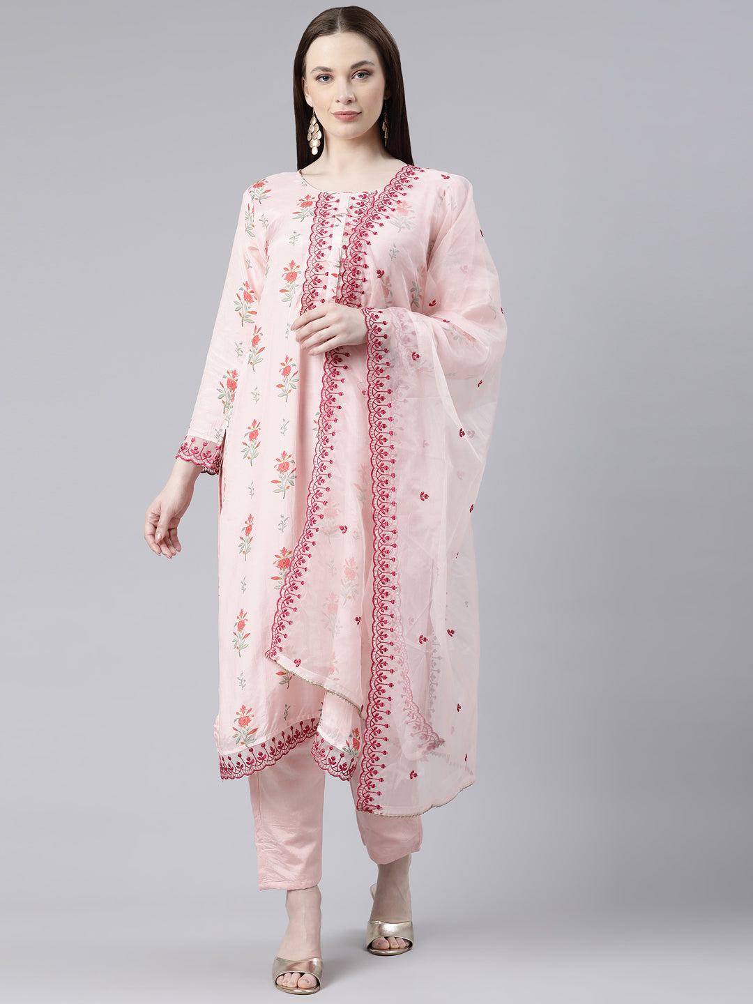 Neerus Peach Regular Knee Length Printed Kurta Embroidered Palazzos With Dupatta