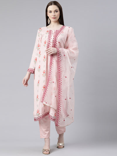 Neerus Peach Regular Knee Length Printed Kurta Embroidered Palazzos With Dupatta