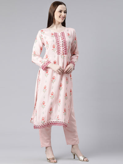 Neerus Peach Regular Knee Length Printed Kurta Embroidered Palazzos With Dupatta