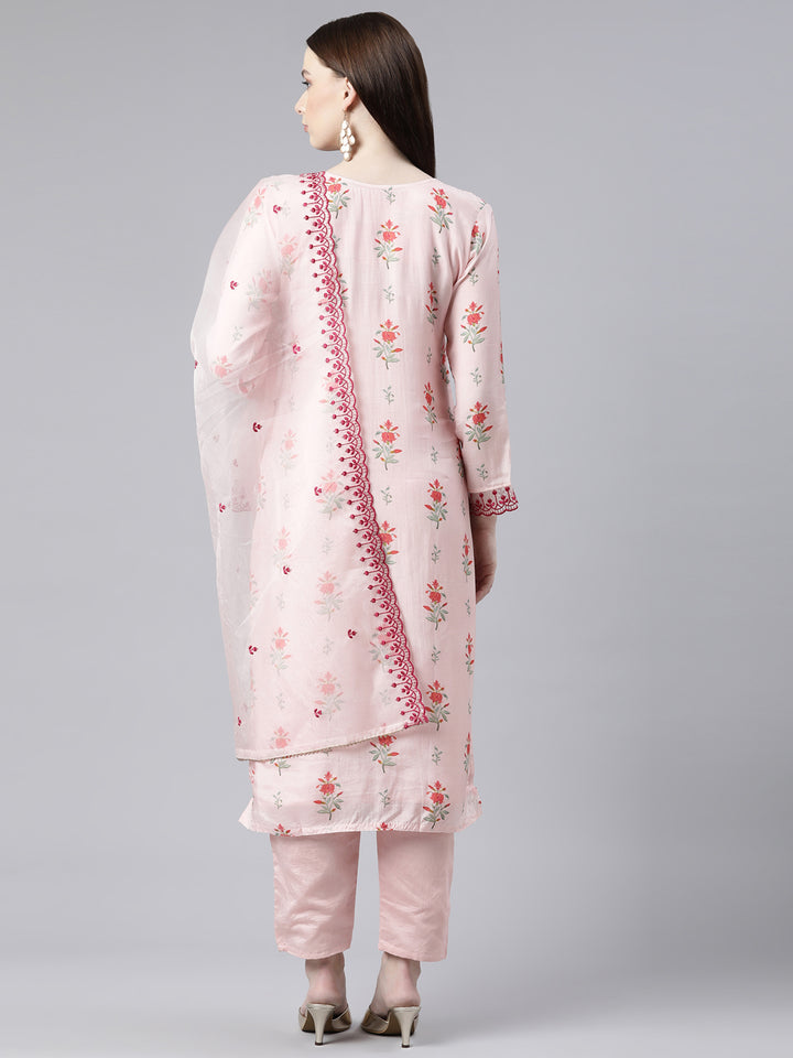 Neerus Orange viscose rayon embroidered kurta set - side view