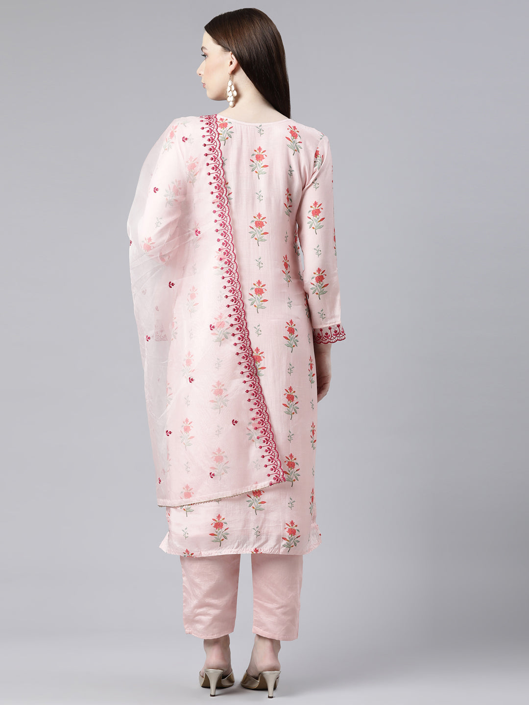 Neerus Peach Regular Knee Length Printed Kurta Embroidered Palazzos With Dupatta