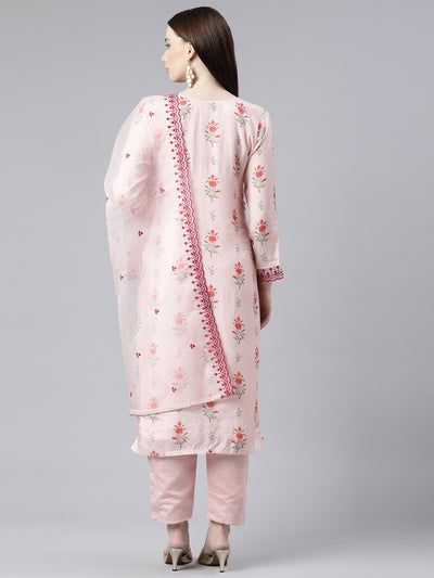 Neerus Peach Regular Knee Length Printed Kurta Embroidered Palazzos With Dupatta