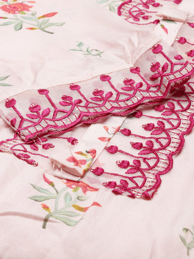 Neerus Peach Regular Knee Length Printed Kurta Embroidered Palazzos With Dupatta