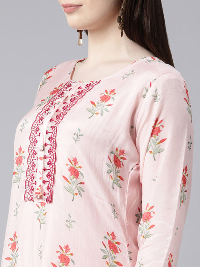 Neerus Peach Regular Knee Length Printed Kurta Embroidered Palazzos With Dupatta