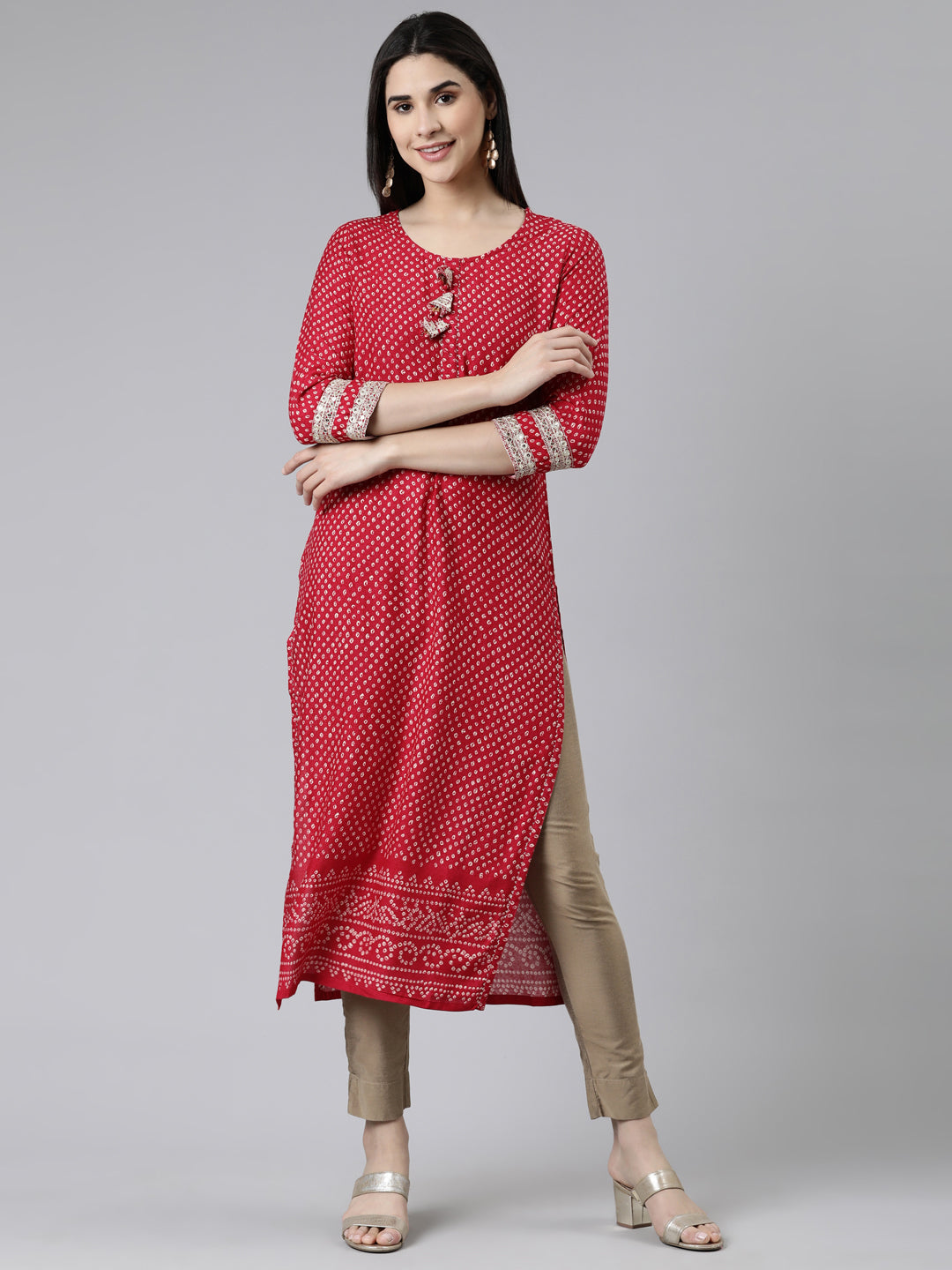 Neerus Pink cotton printed straight kurti - front view