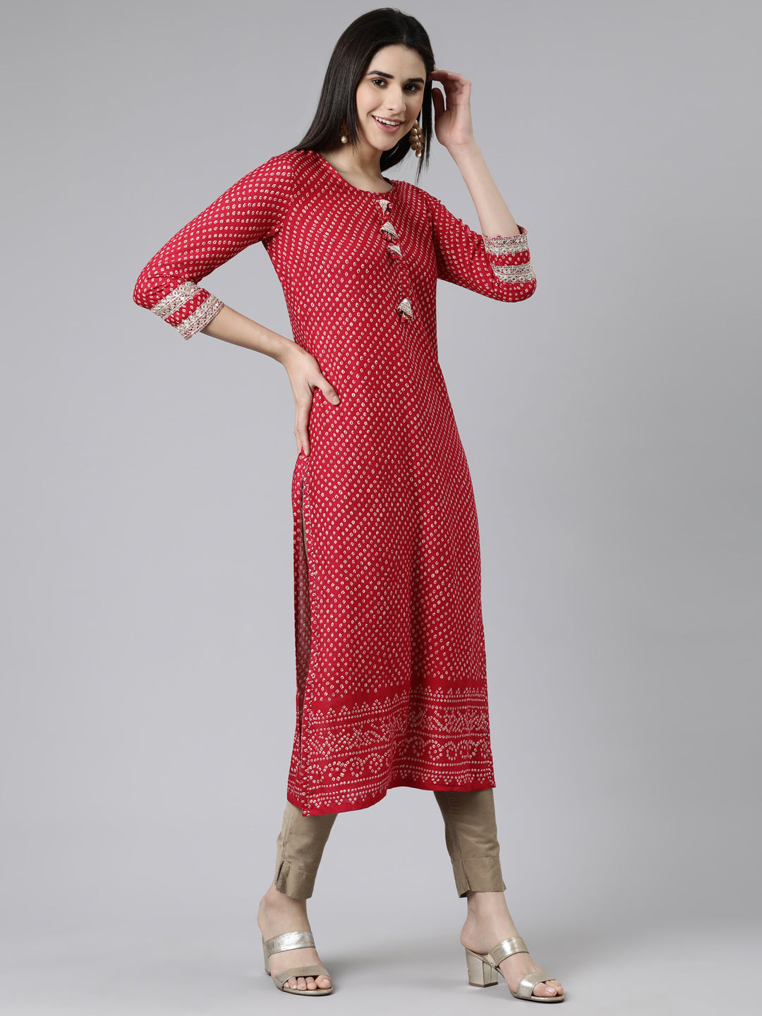 Neerus Pink cotton printed straight kurti - back view