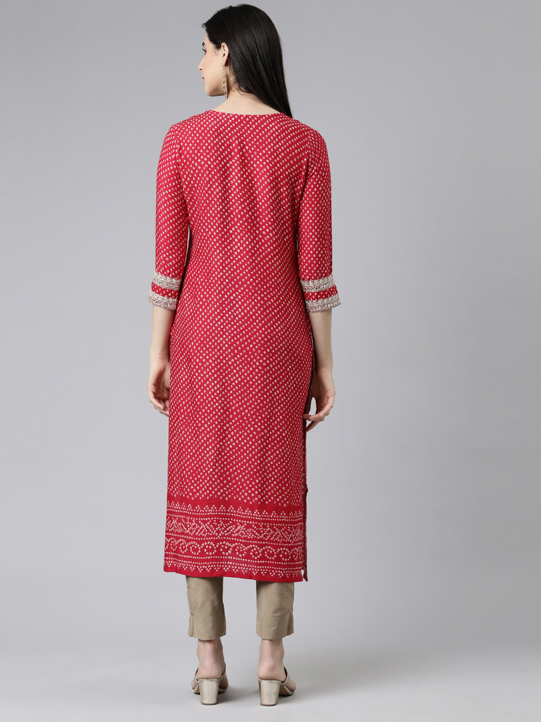 Neerus Pink cotton printed straight kurti - side view