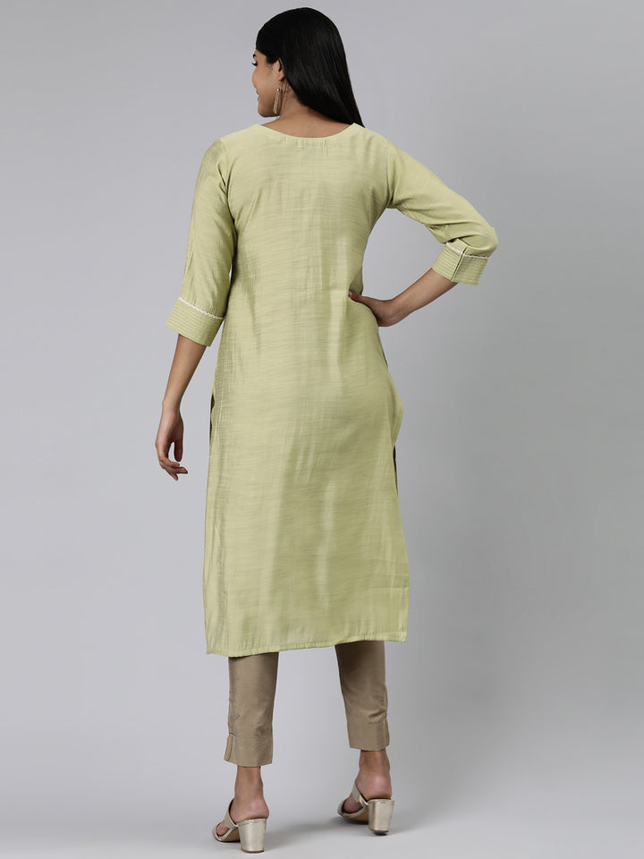 Neerus Green Straight Embroidered Cotton Kurtas