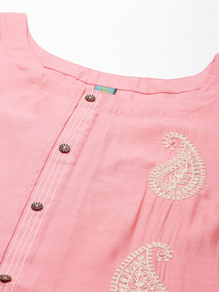 Neerus Pink Straight Printed Cotton Silk Kurtas