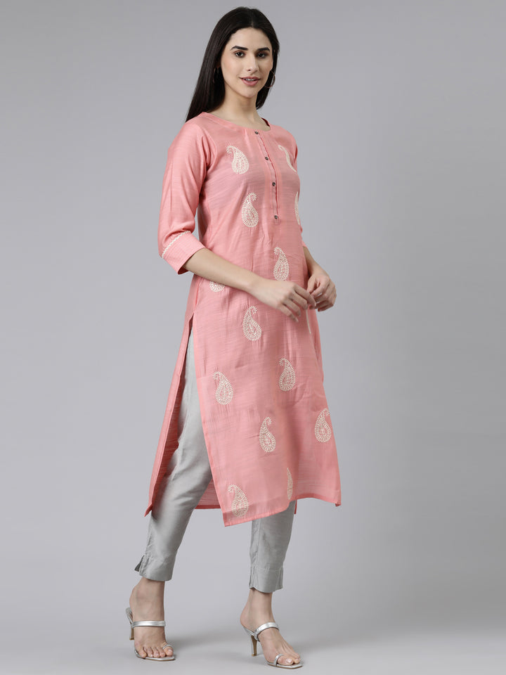 Neerus Pink Straight Printed Cotton Silk Kurtas