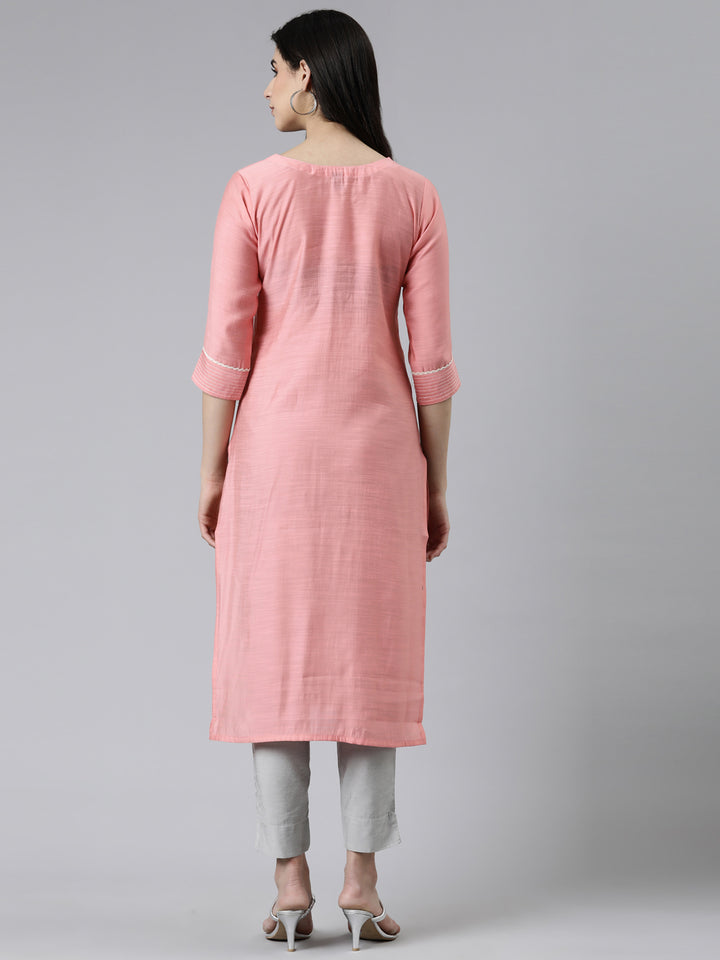 Neerus Pink Straight Printed Cotton Silk Kurtas