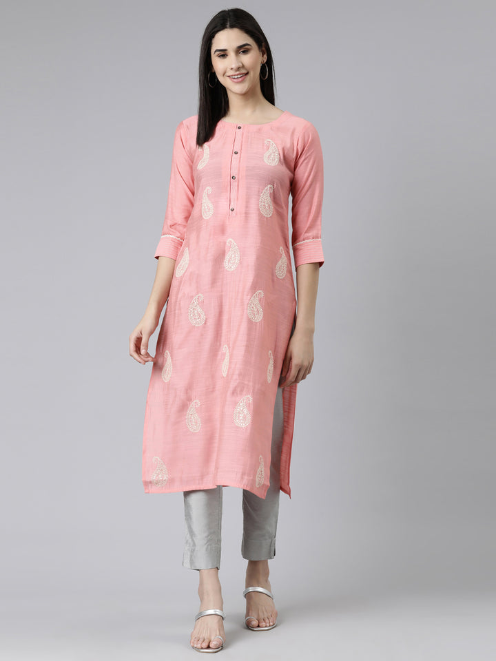 Neerus Pink Straight Printed Cotton Silk Kurtas
