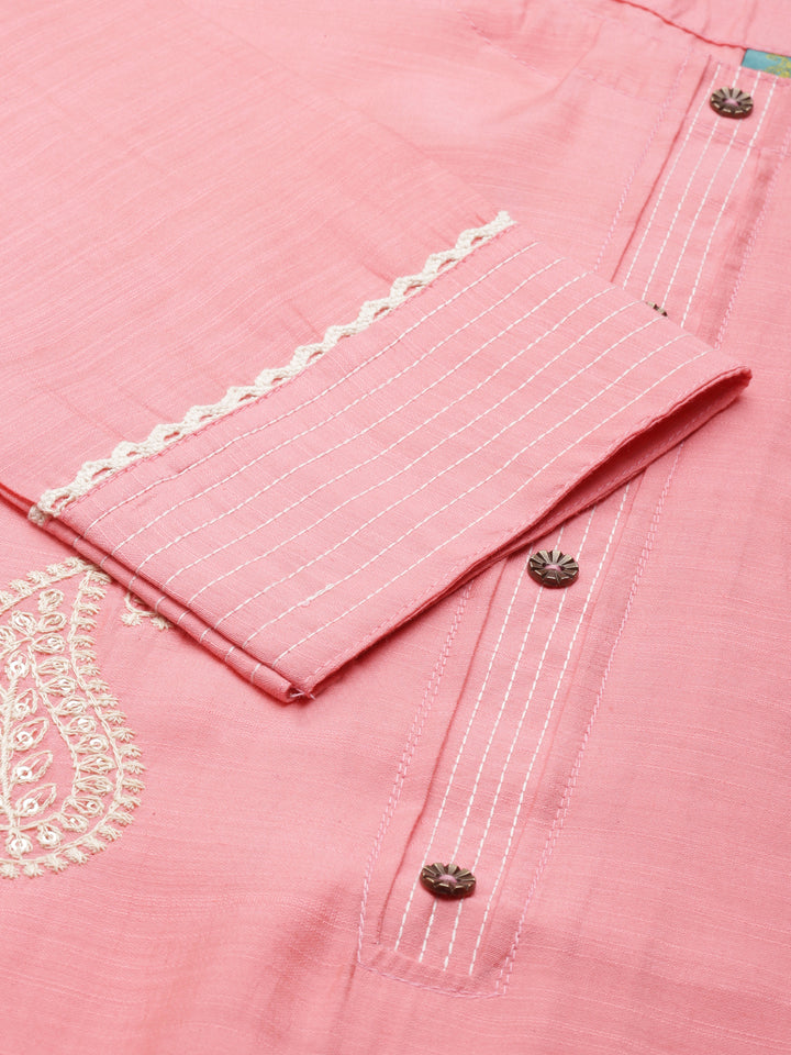Neerus Pink Straight Printed Cotton Silk Kurtas