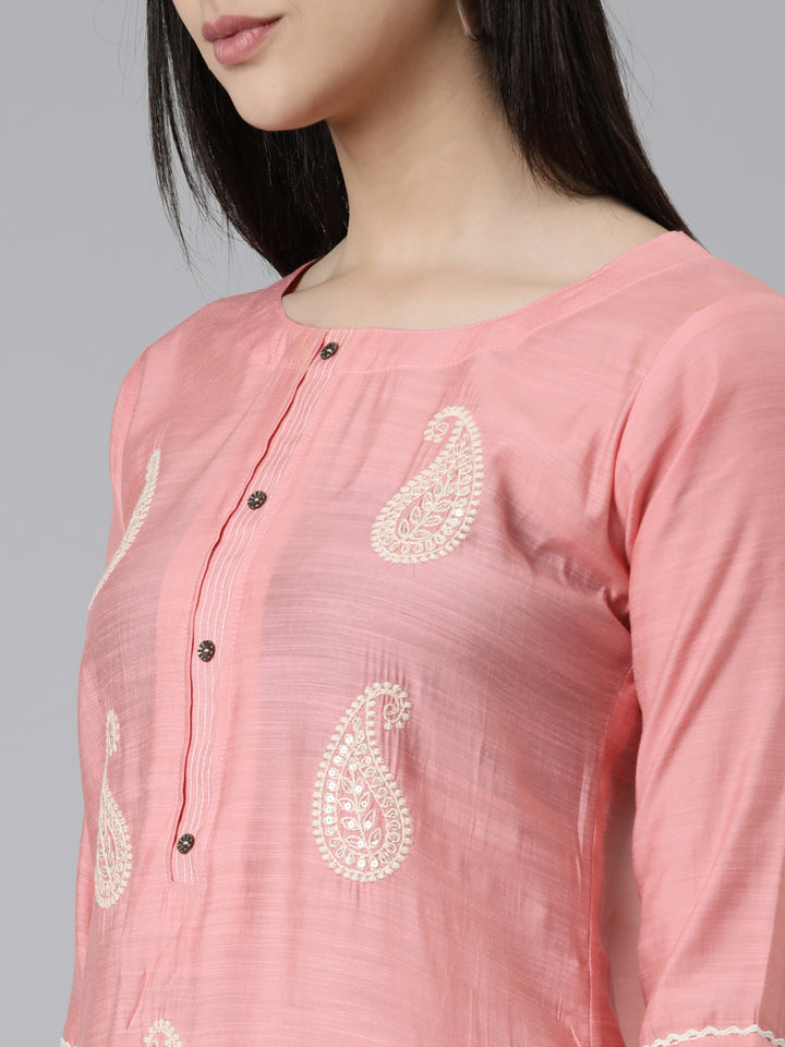 Neerus Pink Straight Printed Cotton Silk Kurtas