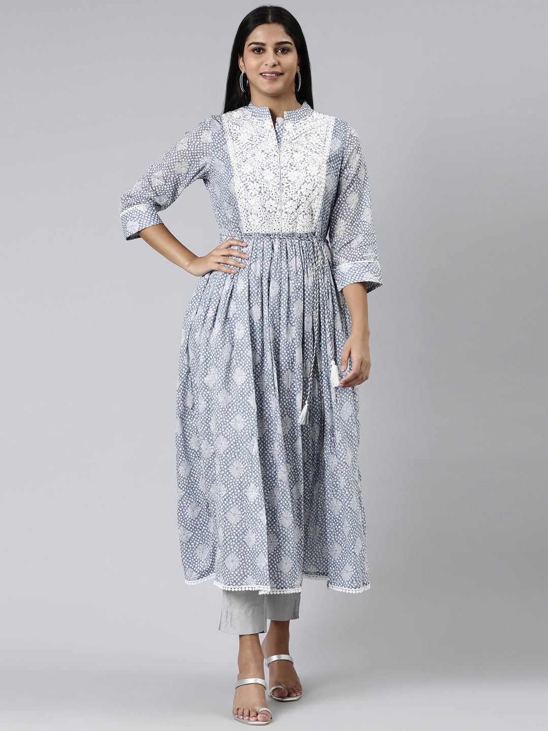 Neerus Blue Straight Printed Cotton Kurtas