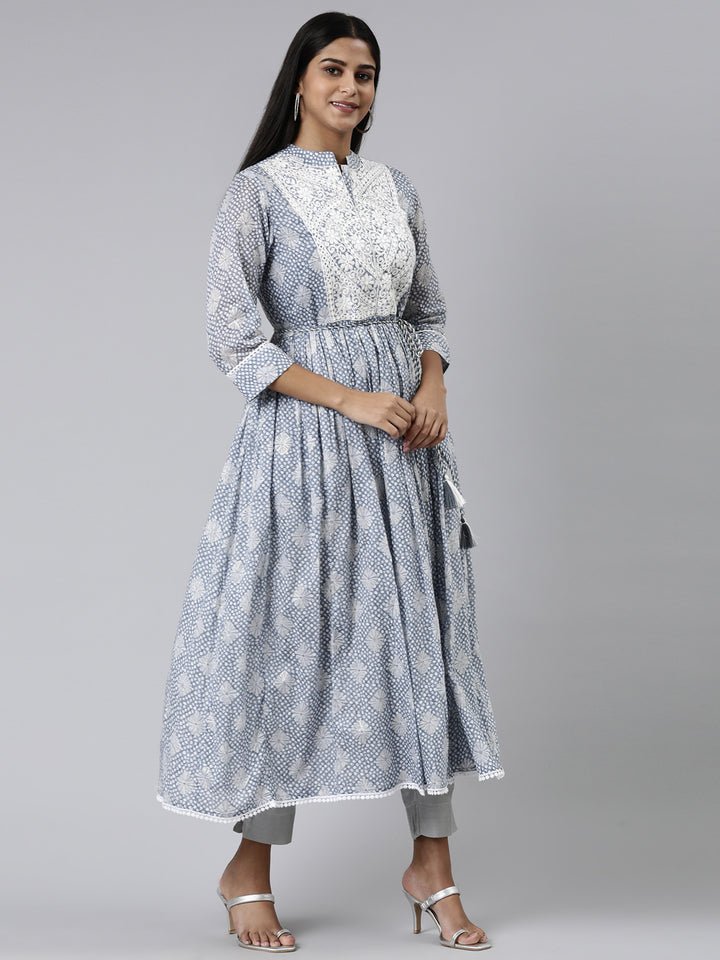 Neerus Blue Straight Printed Cotton Kurtas
