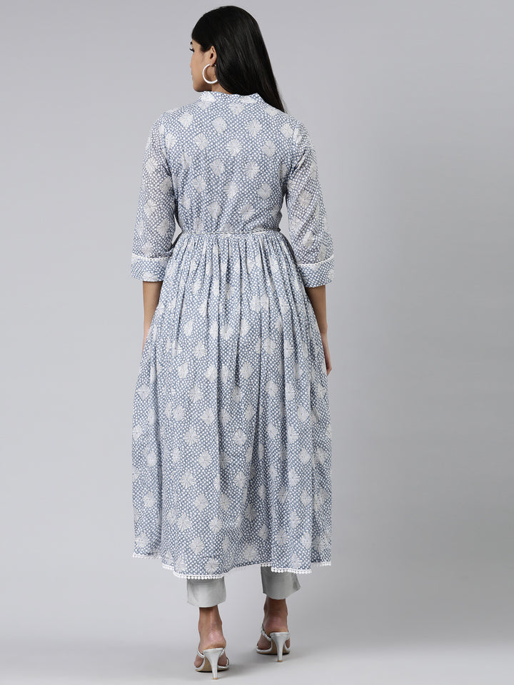 Neerus Blue Straight Printed Cotton Kurtas