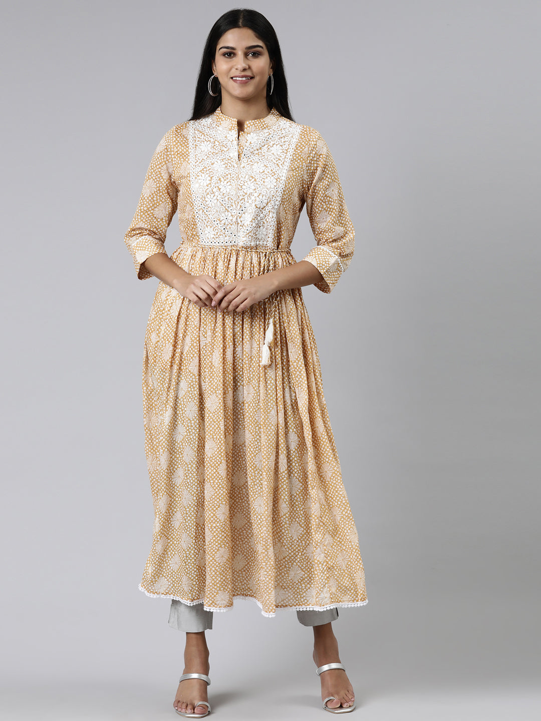 Neerus Mustard Straight Printed Cotton Kurtas