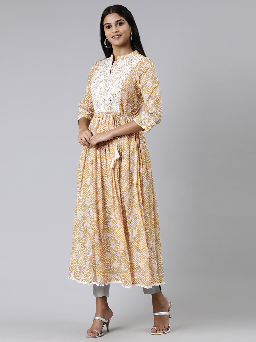 Neerus Mustard Straight Printed Cotton Kurtas