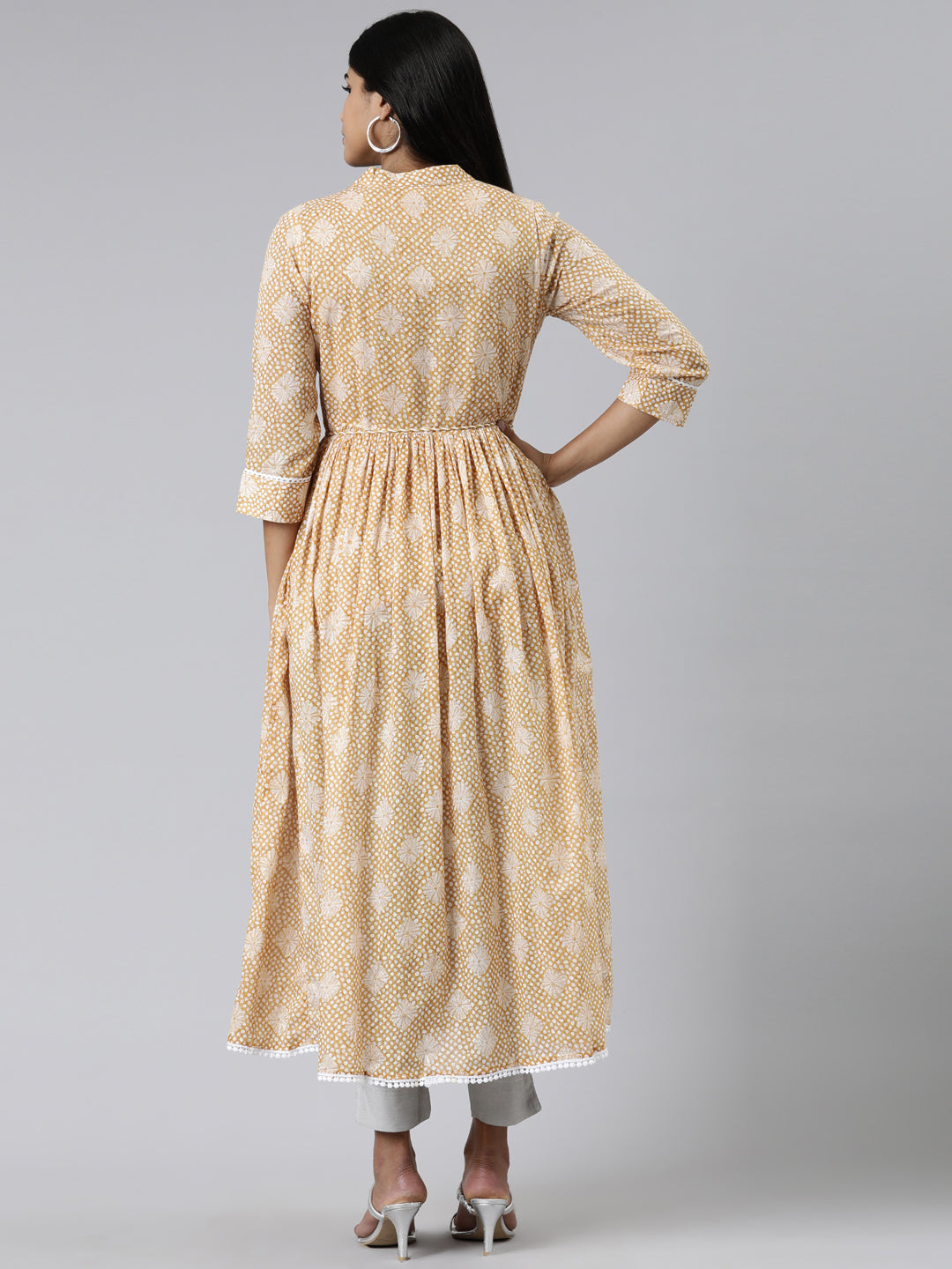 Neerus Mustard Straight Printed Cotton Kurtas