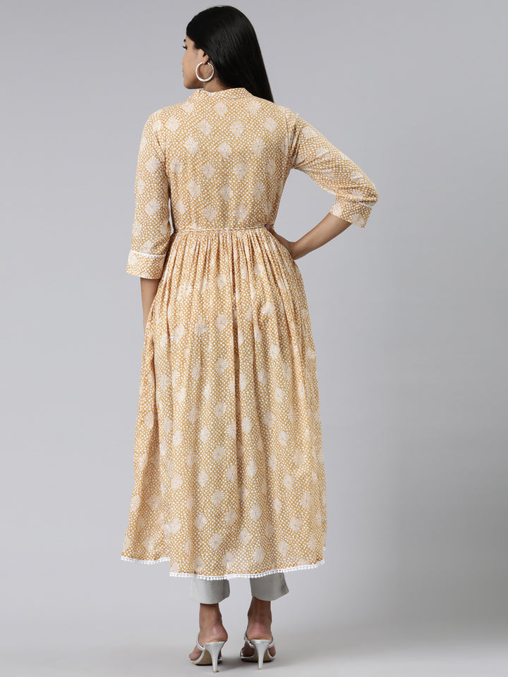 Neerus Mustard Straight Printed Cotton Kurtas