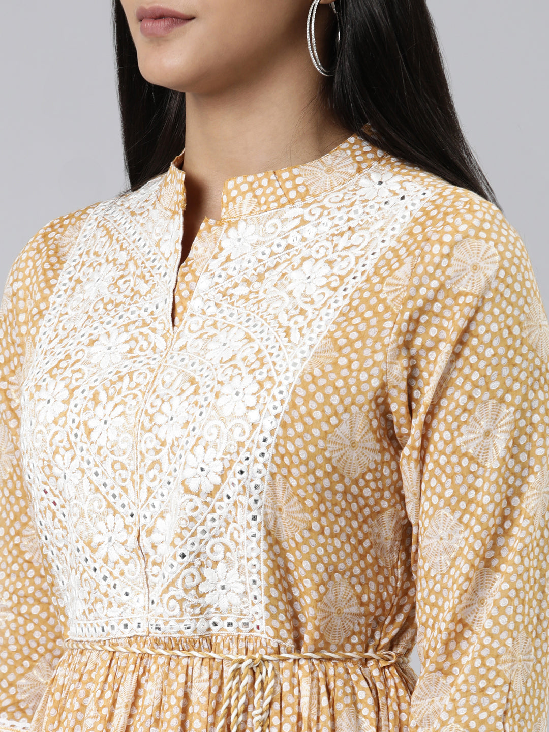 Neerus Mustard Straight Printed Cotton Kurtas